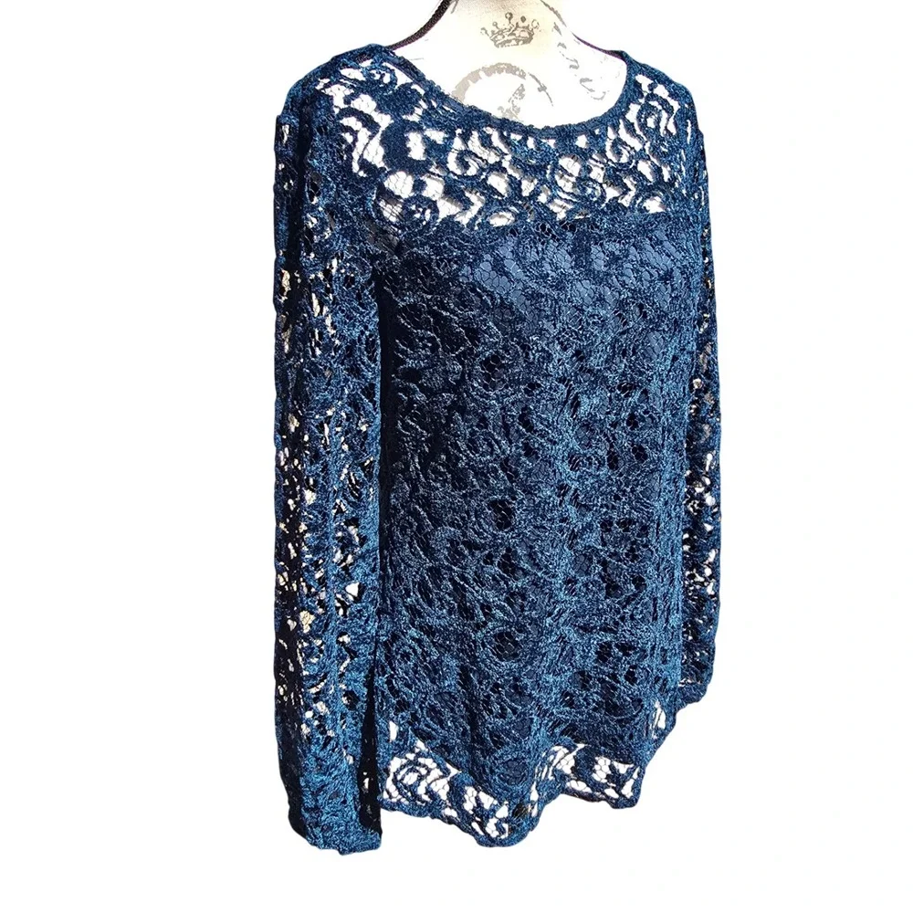 Sundance NWT -1755 Teal Blue Floral Lace Long Sleeve Lined Top Boat Neck Medium - Picture 3 of 9